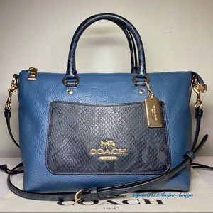 COACH EMMA SATCHEL DARK DENIM SNAKE ANIMAL PRINT EMBOSSED COLORBLOCK BAG PURSE